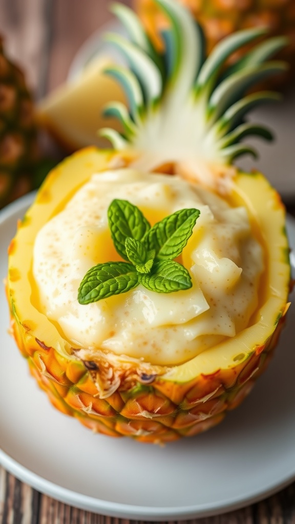 Tropical Pineapple Chia Pudding served in a pineapple shell with mint leaves