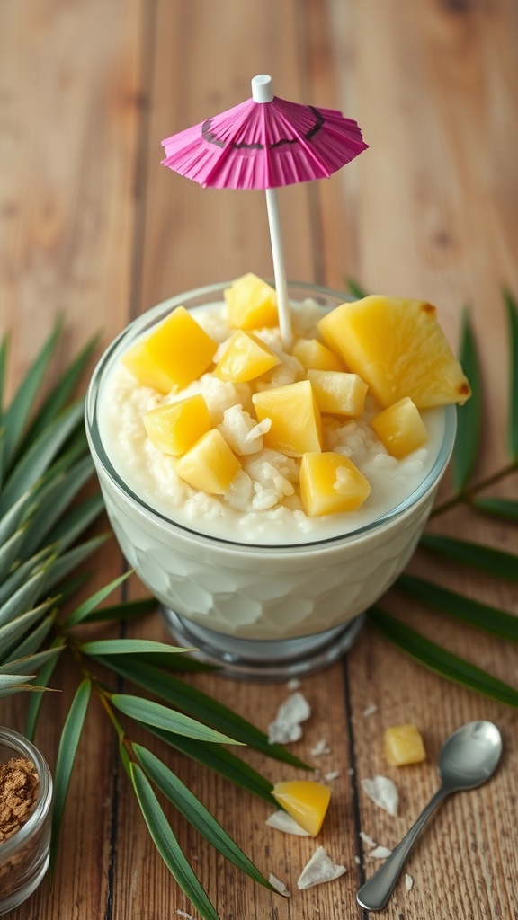 A glass of tropical rice pudding topped with pineapple chunks and a small umbrella decoration.