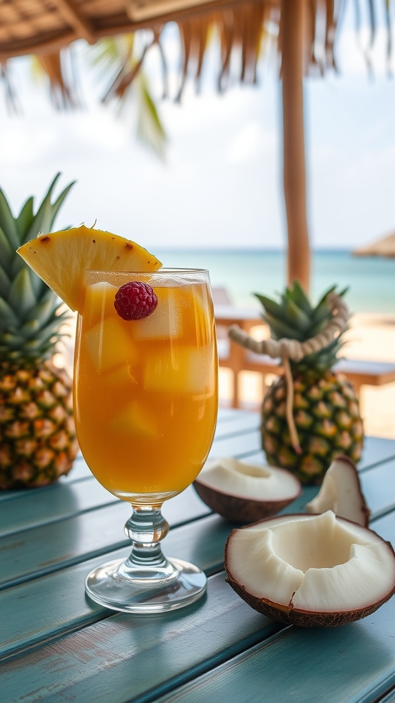 A refreshing glass of Tropical Pineapple Sangria garnished with pineapple and raspberry.