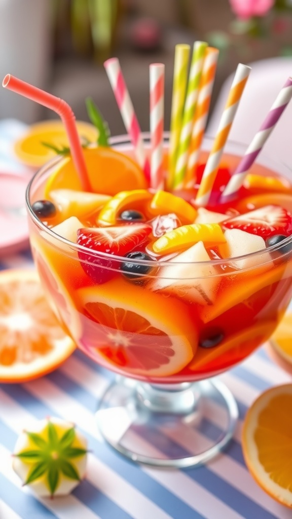 A vibrant tropical rum punch in a bowl with colorful straws and fresh fruit.