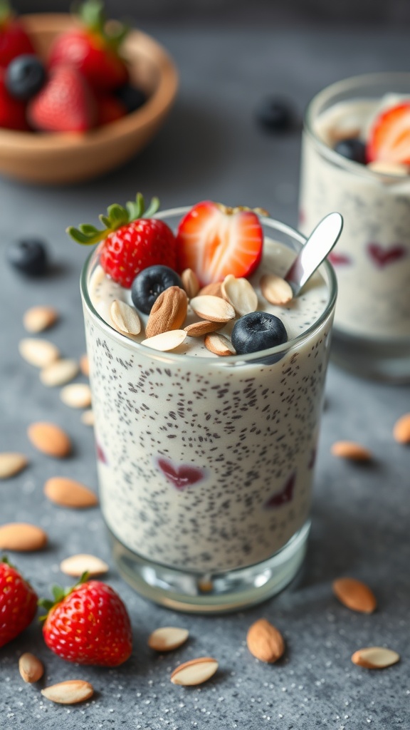 Vanilla Almond Chia Seed Pudding topped with fresh berries and almonds