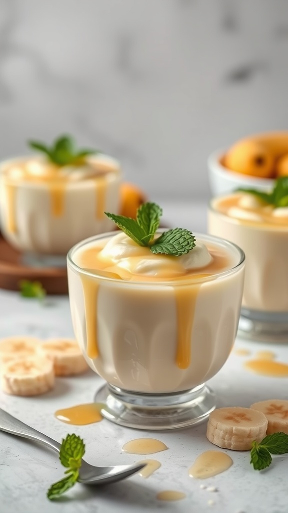 A delicious bowl of vanilla bean banana pudding topped with whipped cream and mint leaves.