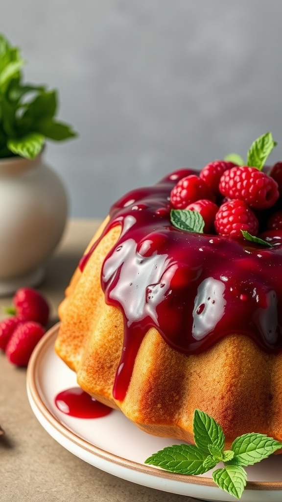 Vanilla Bundt cake topped with berry compote and fresh berries.