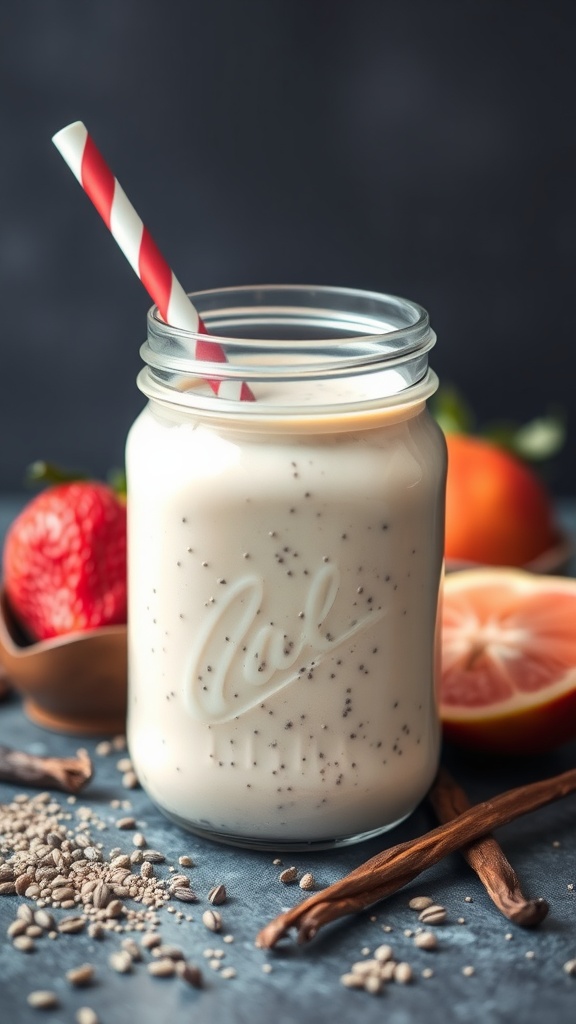 A creamy vanilla smoothie with chia seeds in a jar with a red straw.