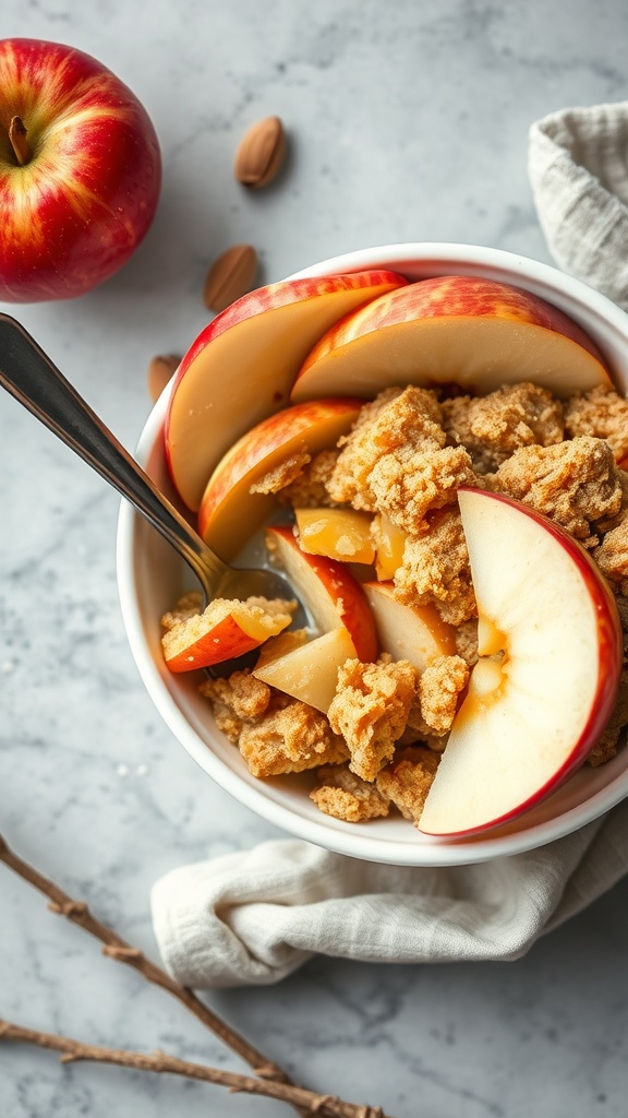 A bowl of vegan apple cobbler with sliced apples and crumbles.