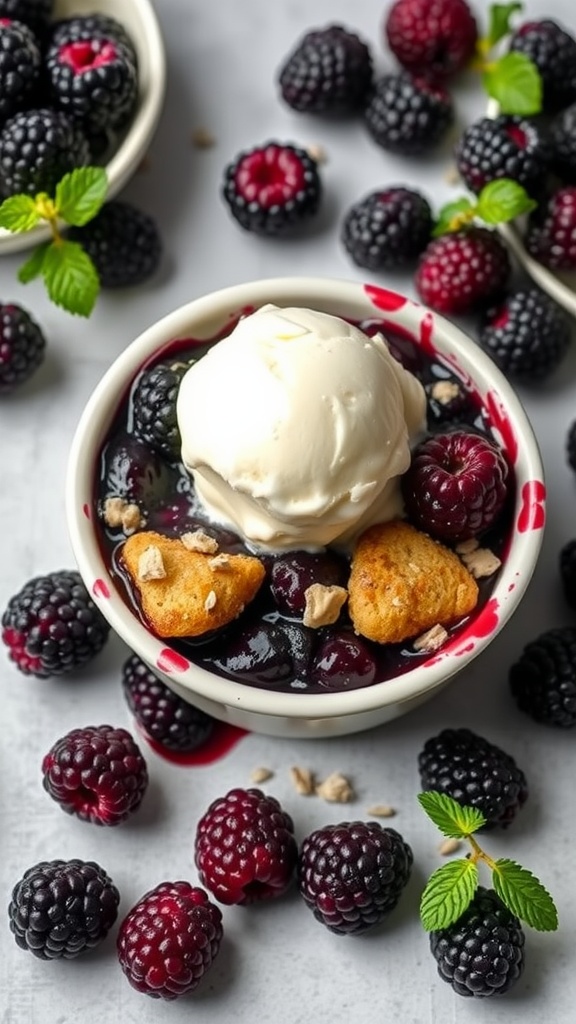 Vegan blackberry cobbler with a scoop of vanilla ice cream