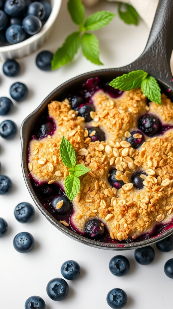 A delicious vegan blueberry cobbler with an oat topping, served in a small skillet, surrounded by fresh blueberries.