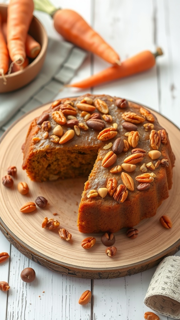 A moist vegan carrot cake topped with nuts on a wooden plate, surrounded by fresh carrots.