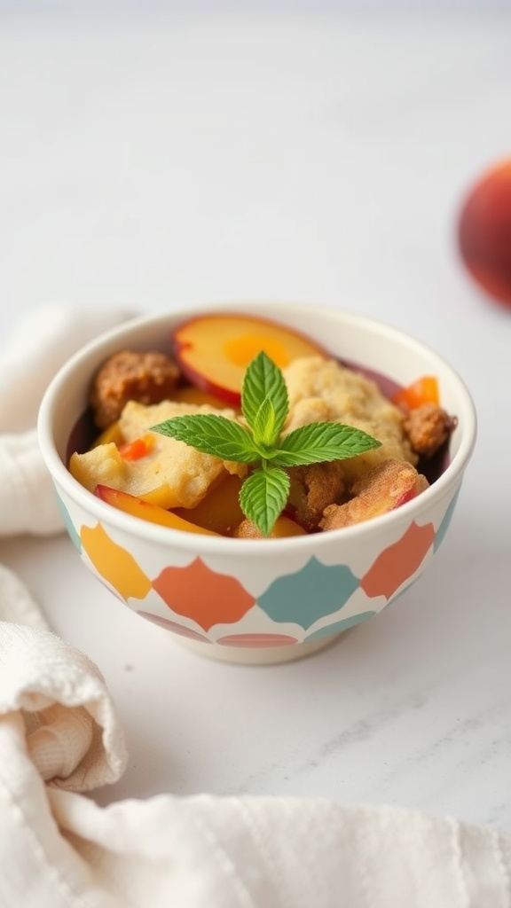 A bowl of vegan peach cobbler with slices of peach and a sprig of mint on top.