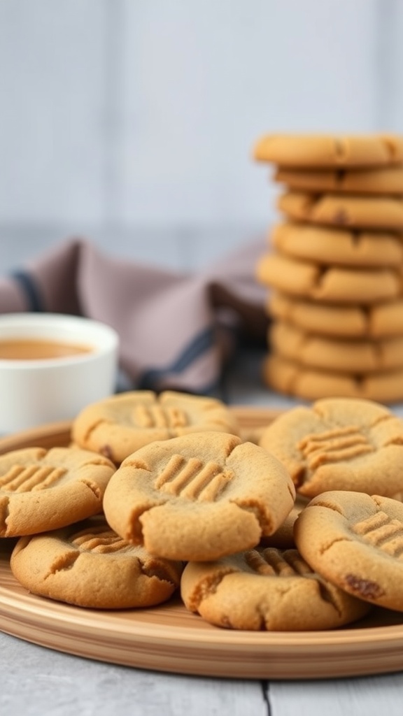 Vegan peanut butter cookies on a plate, with a stack of cookies in the background