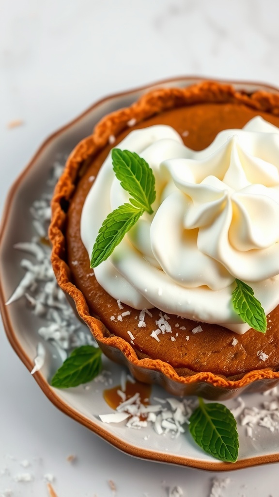 A slice of vegan pumpkin pie topped with coconut cream and mint leaves.