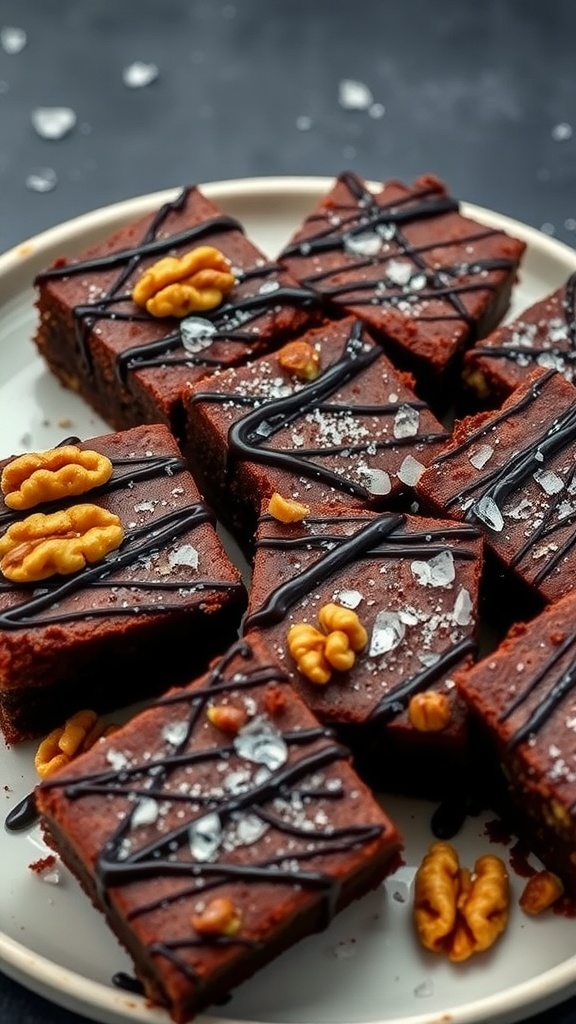 Delicious walnut brownies drizzled with chocolate and sprinkled with sea salt.