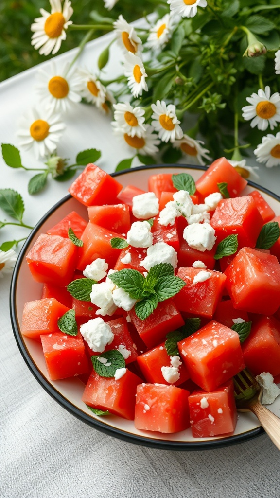 A refreshing watermelon salad with feta and mint.