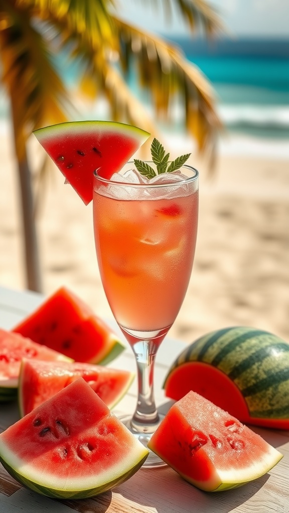 A refreshing Watermelon Frosé cocktail with watermelon slices on the side.