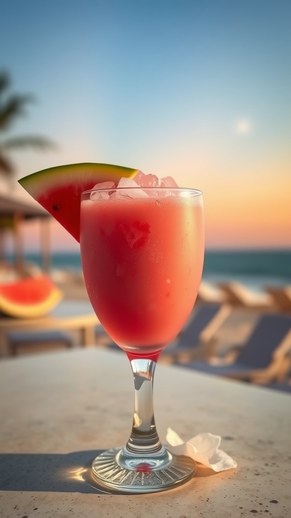 A refreshing watermelon frosé cocktail served in a tall glass with a slice of watermelon on the rim.