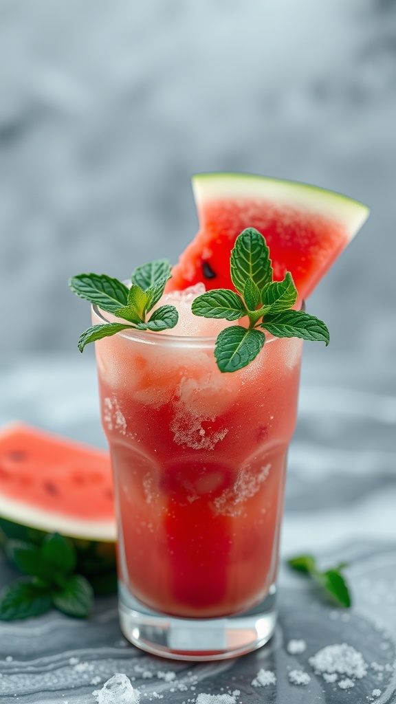 A refreshing watermelon slush mocktail topped with mint leaves.
