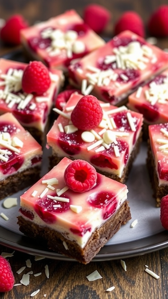 Delicious White Chocolate Raspberry Cheesecake Brownies on a platter.