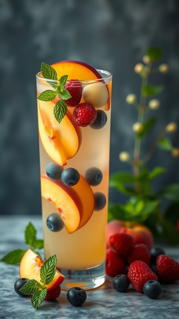 A refreshing glass of White Peach Sangria garnished with peach slices and mint leaves.