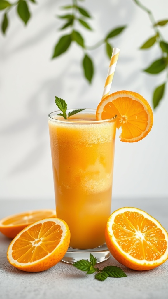 A refreshing orange smoothie with ginger and mint garnish.