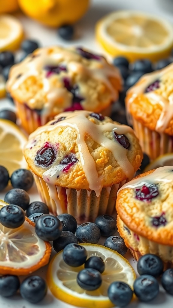 Lemon blueberry muffins with a drizzle of lemon glaze surrounded by fresh blueberries and lemon slices.