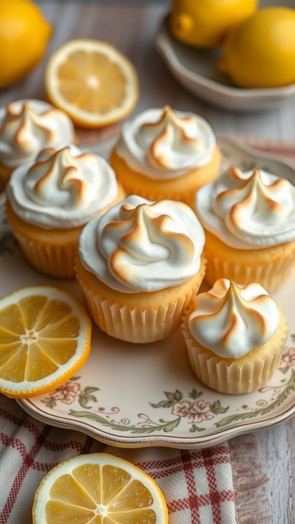 Zesty Lemon Coconut Cupcakes with Toasted Meringue on a decorative plate with lemon slices.