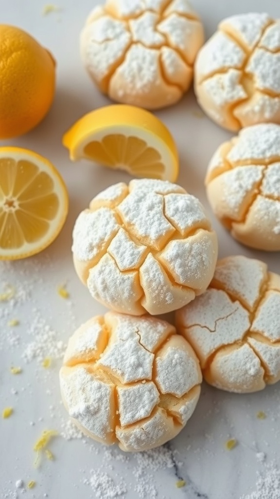 Zesty Lemon Crinkle Cookies with powdered sugar and lemon slices