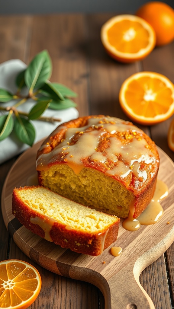 Sliced Zesty Orange Olive Oil Cake with glaze and fresh oranges