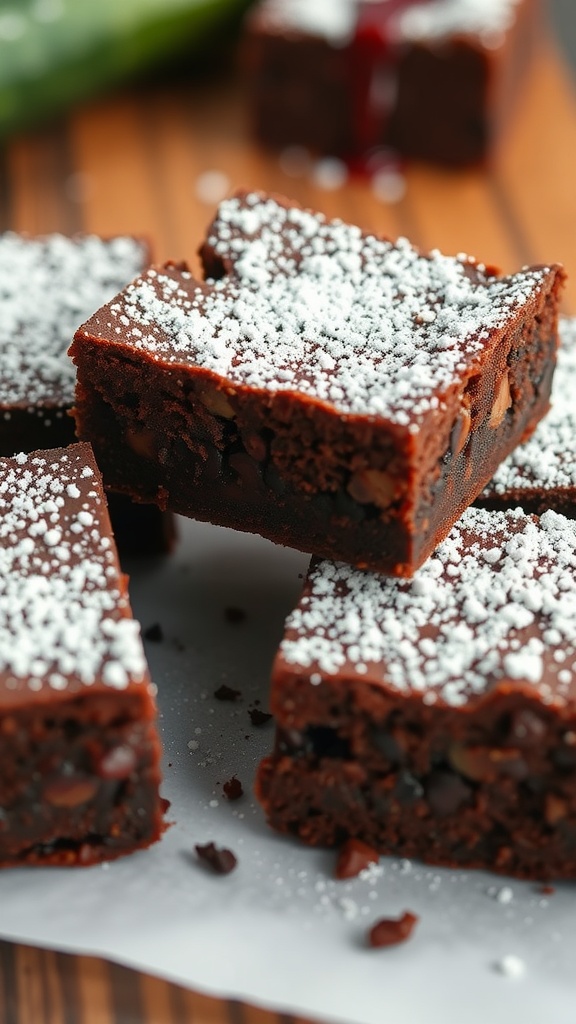 Deliciously fudgy zucchini brownies dusted with powdered sugar.