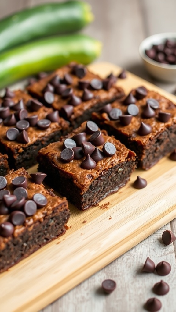 Delicious zucchini brownies topped with chocolate chips on a wooden board.