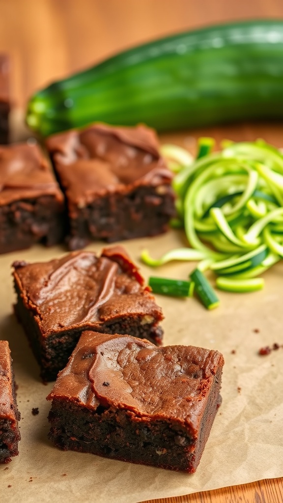 Deliciously moist zucchini brownies placed on parchment paper.