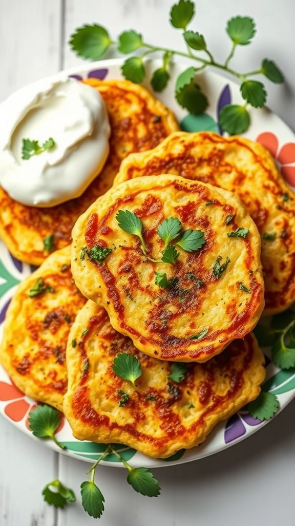 Delicious zucchini potato pancakes served with sour cream and garnished with herbs.