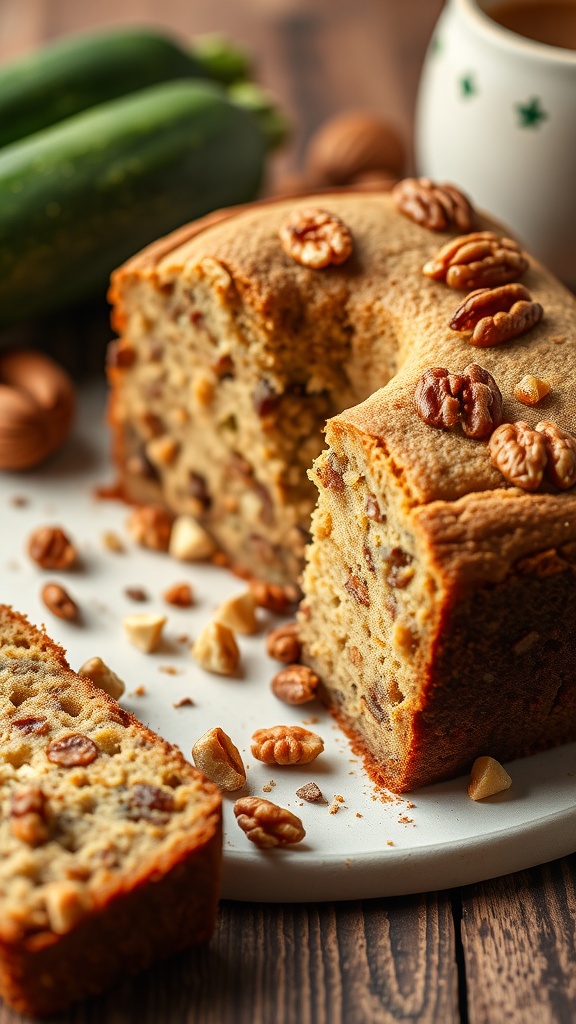 A delicious slice of zucchini walnut coffee cake on a plate, surrounded by whole walnuts and zucchini.