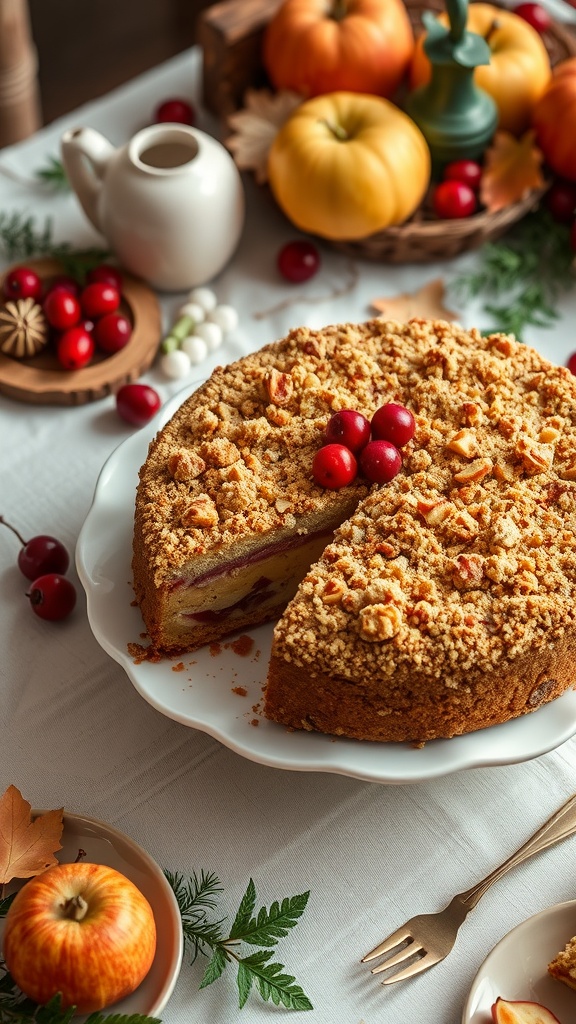 A beautifully decorated Apple and Cranberry Streusel Cake surrounded by apples and autumn leaves.