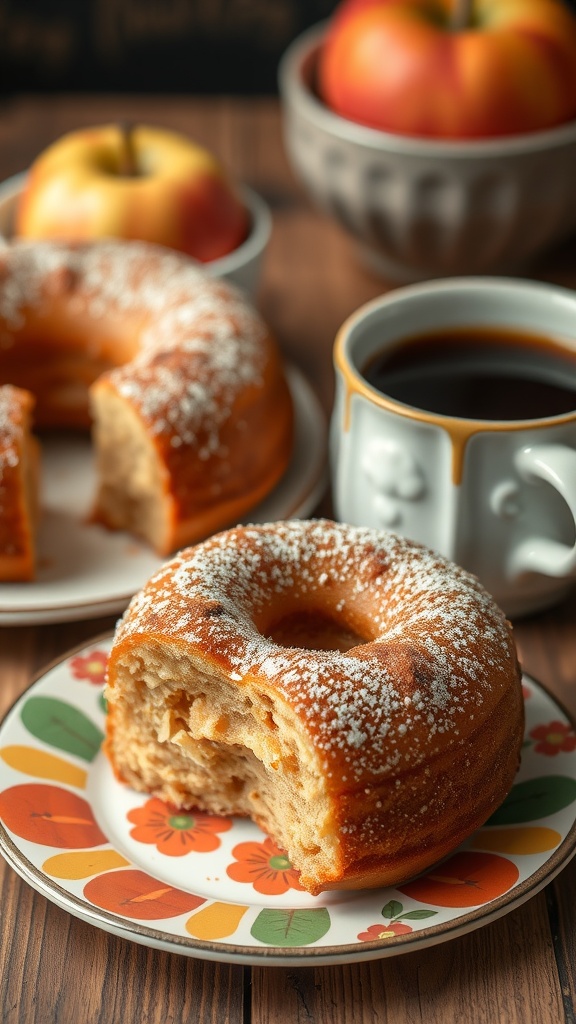 A slice of apple cider donut cake on a colorful plate with a cup of coffee and apples in the background.