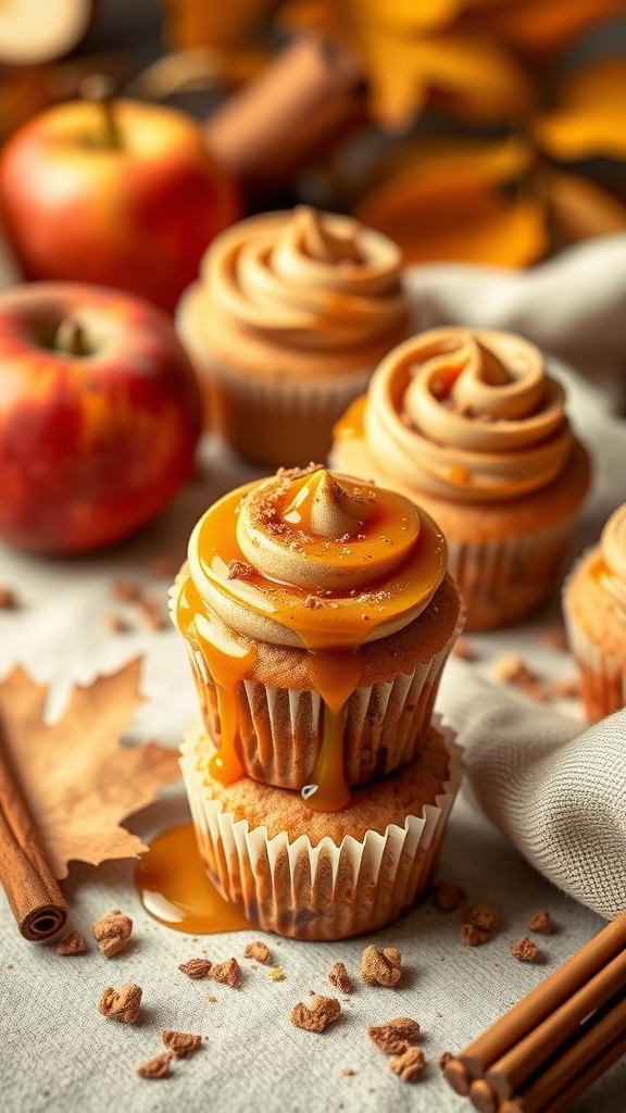 Delicious apple cinnamon mini cupcakes topped with maple drizzle, surrounded by apples and cinnamon sticks.