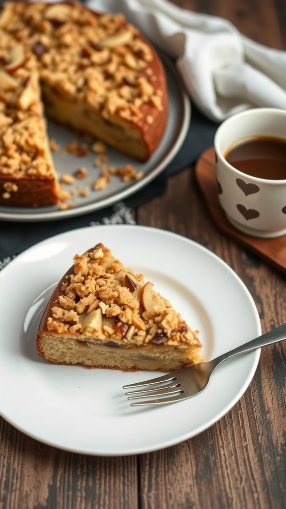 A slice of apple crumble coffee cake on a white plate with a cup of coffee in the background.