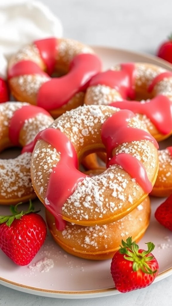 Baked strawberry donuts with pink glaze and powdered sugar on a plate