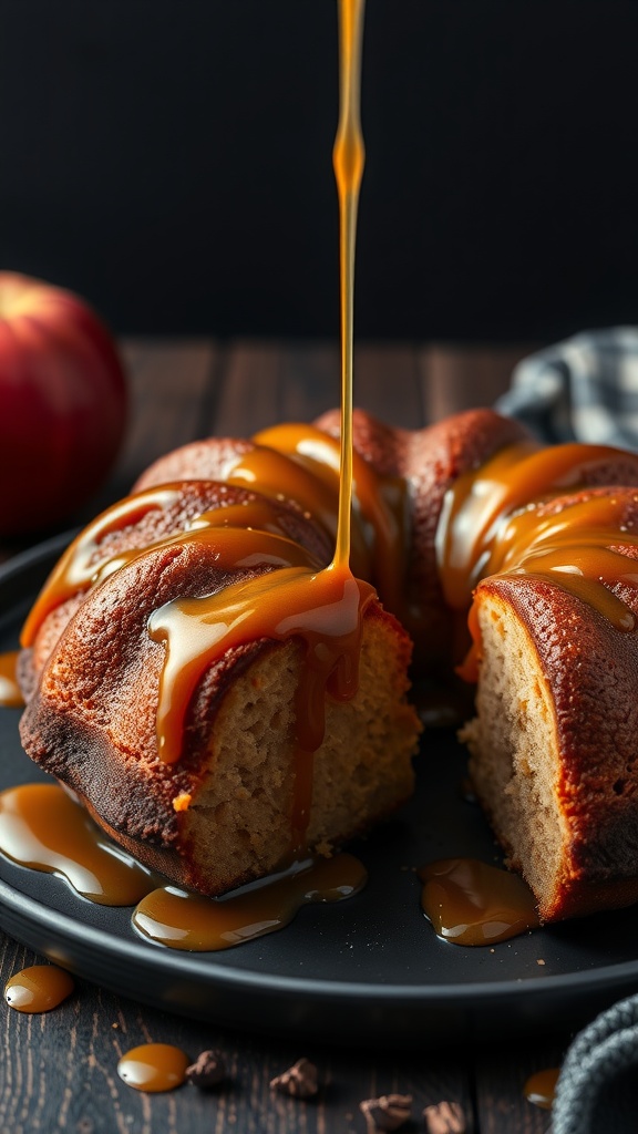 A moist Bourbon Apple Cake drizzled with caramel sauce, showcasing slices on a black plate.