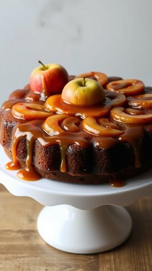 A delicious caramel apple upside-down cake topped with shiny caramel and fresh apples.