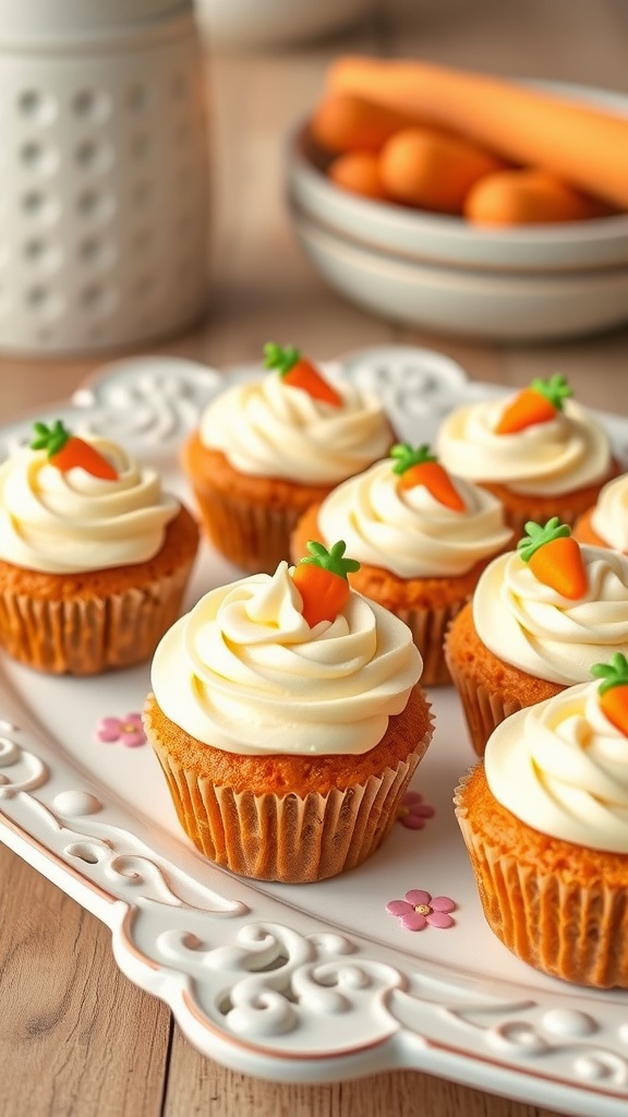Mini carrot cake cupcakes with cream cheese frosting and decorative carrot toppers