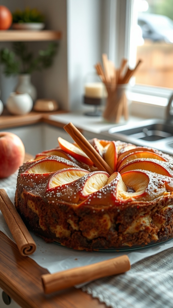 A beautifully decorated chai-spiced apple cake with apple slices and cinnamon sticks on top.