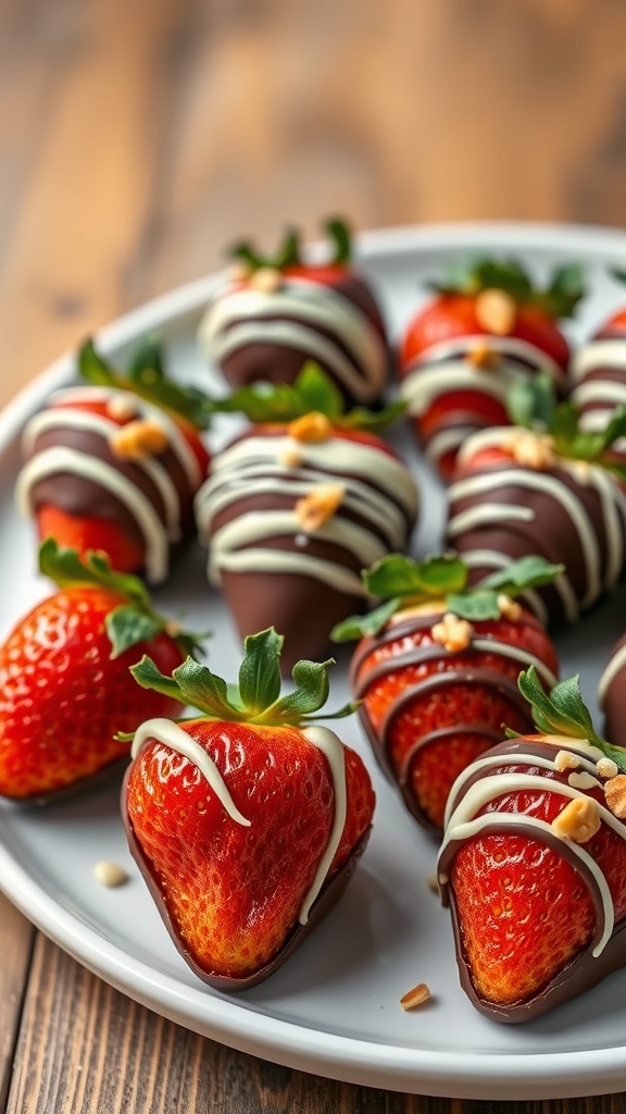 Plate of chocolate-dipped strawberries with white chocolate drizzle and nuts