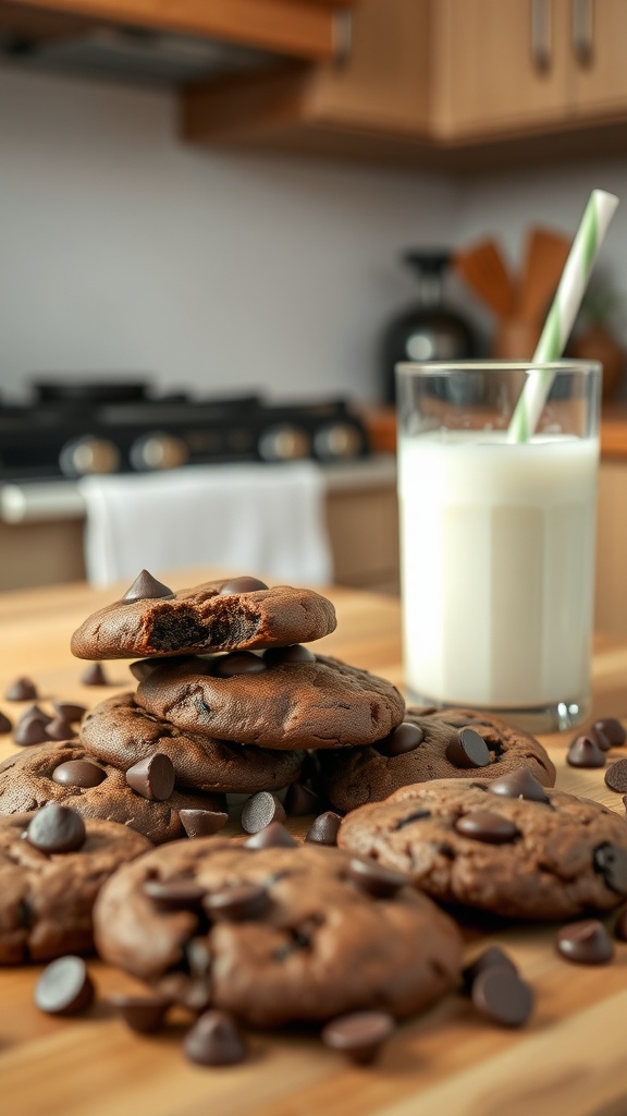 A stack of chocolate chip brownie cookies with chocolate chips scattered around and a glass of milk in the background.