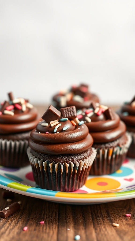 Chocolate fudge mini cupcakes topped with ganache and colorful sprinkles on a plate.