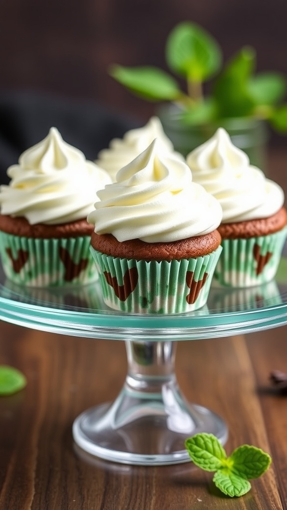 Chocolate mint mini cupcakes topped with whipped cream and mint leaves