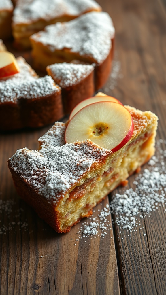 A slice of Classic Cinnamon Apple Cake topped with a slice of apple and dusted with powdered sugar.