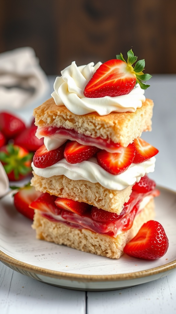 A delicious classic strawberry shortcake topped with whipped cream and fresh strawberries.