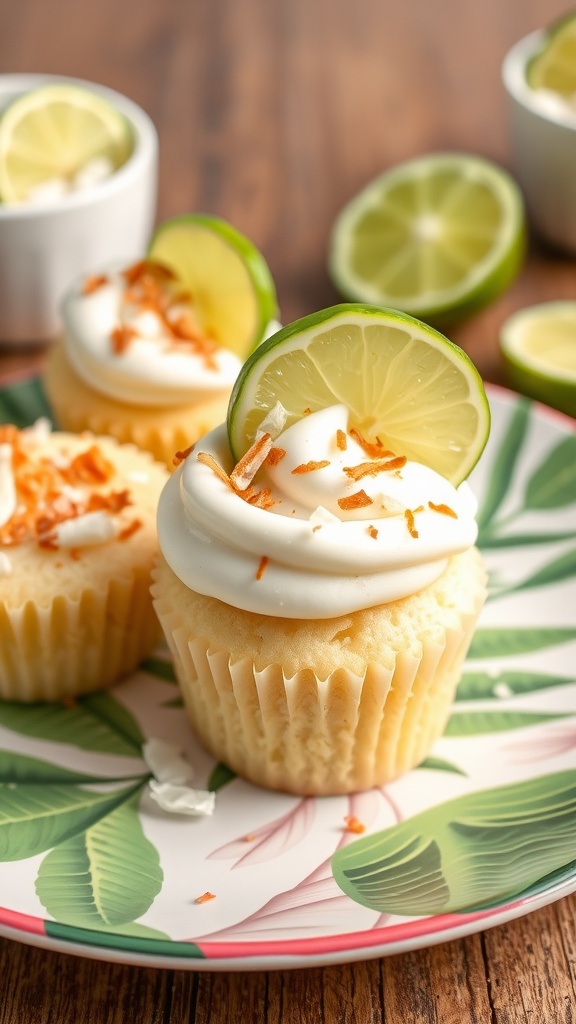 Coconut Lime Mini Cupcakes with Toasted Coconut on a tropical-themed plate
