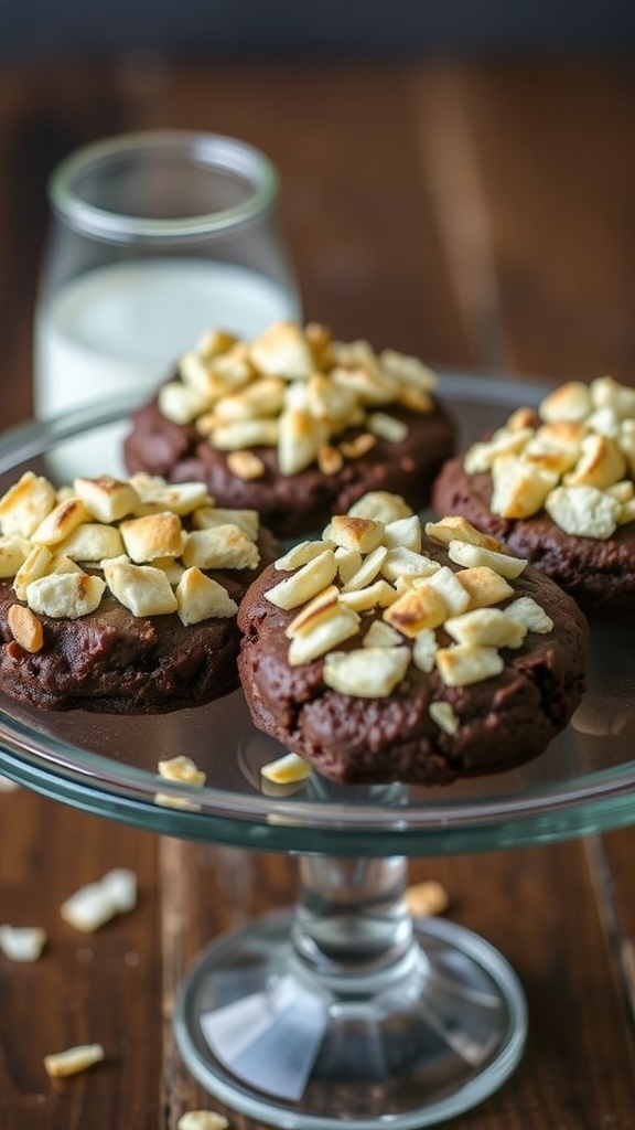 Coconut Macaroon Brownie Cookies on a glass plate with milk