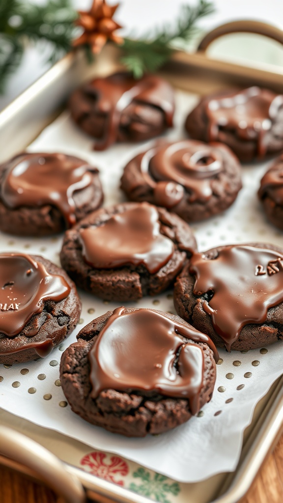 A tray of double chocolate brownie cookies topped with chocolate frosting.